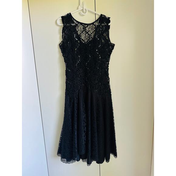 Vintage 80s Formal Party Dress Black Lace Sequin Midi Fit Size Medium Fitted - Picture 2 of 12